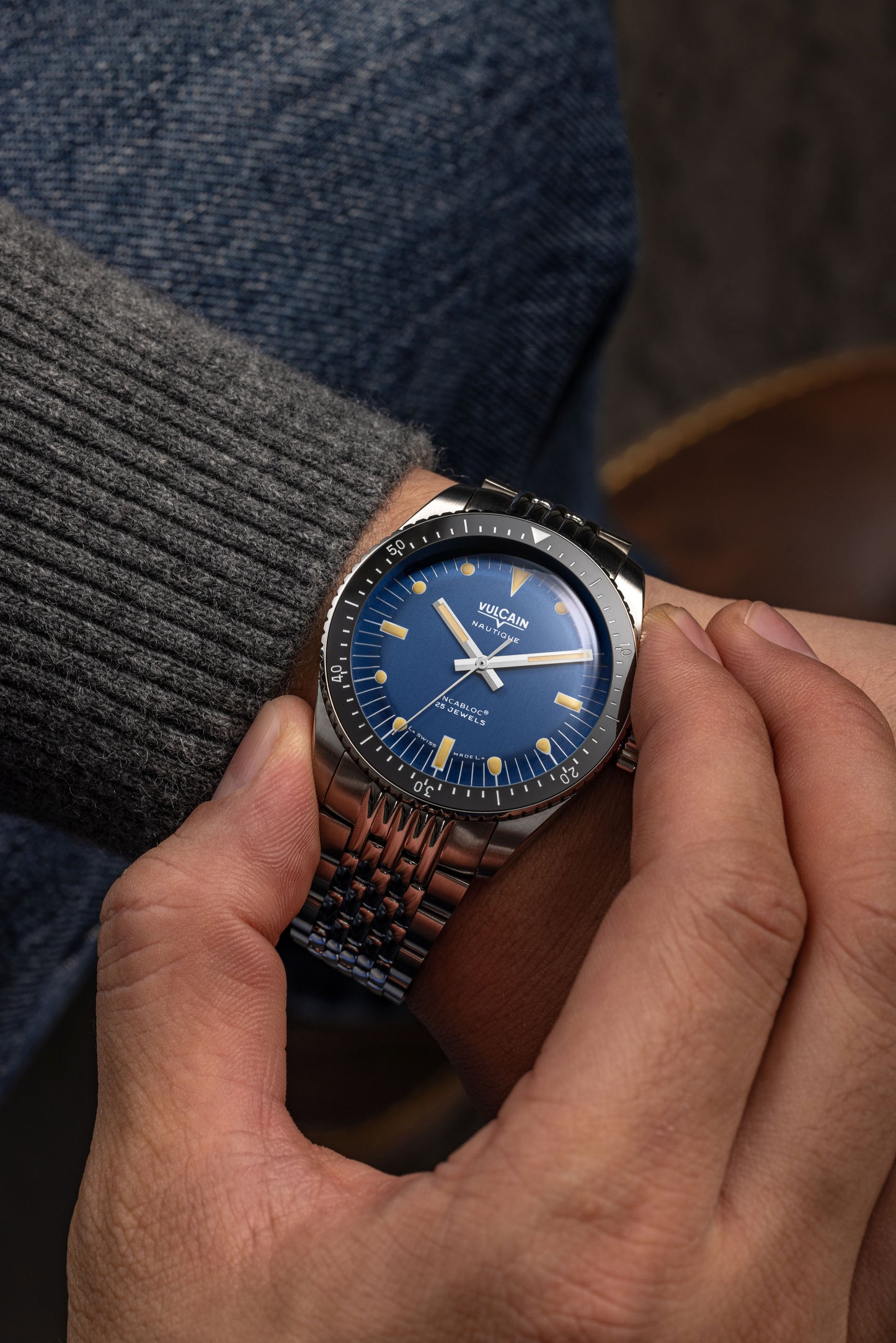 Vulcain Skindiver Nautique - Blue with Khaki Brown Lum